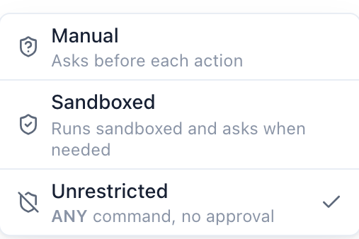 The approval-mode dropdown in the FutureOS composer, showing Manual, Sandboxed, and Unrestricted
